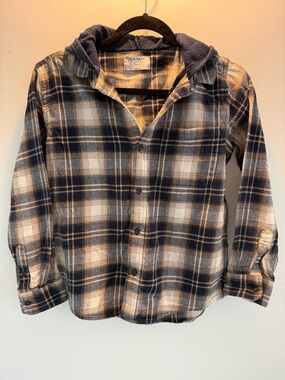 Old Navy Blue and Cream Plaid Hooded Button-Down Flannel